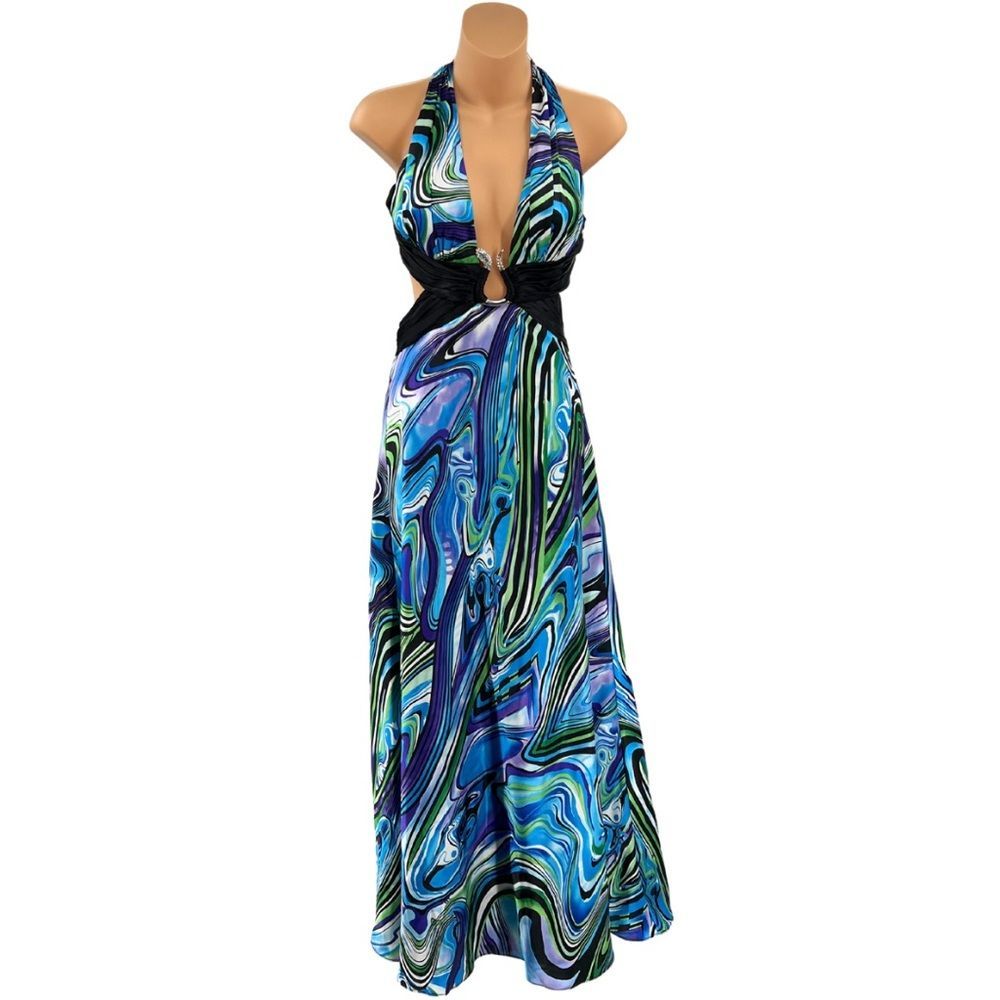Morgan & Co vintage Y2K formal colorful halter open back snake rhinestones 3/4